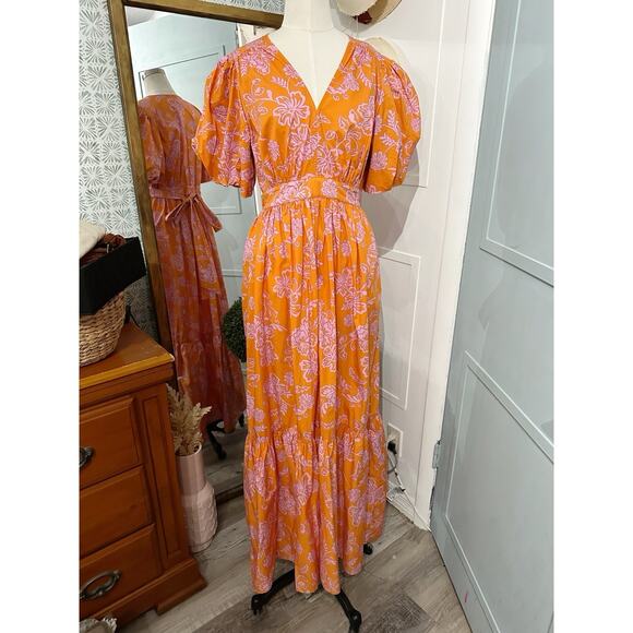 XiRENA Larkyn Cotton Maxi Dress Plunge V-Neck Puff Sleeve Size Medium Orange - Picture 4 of 11